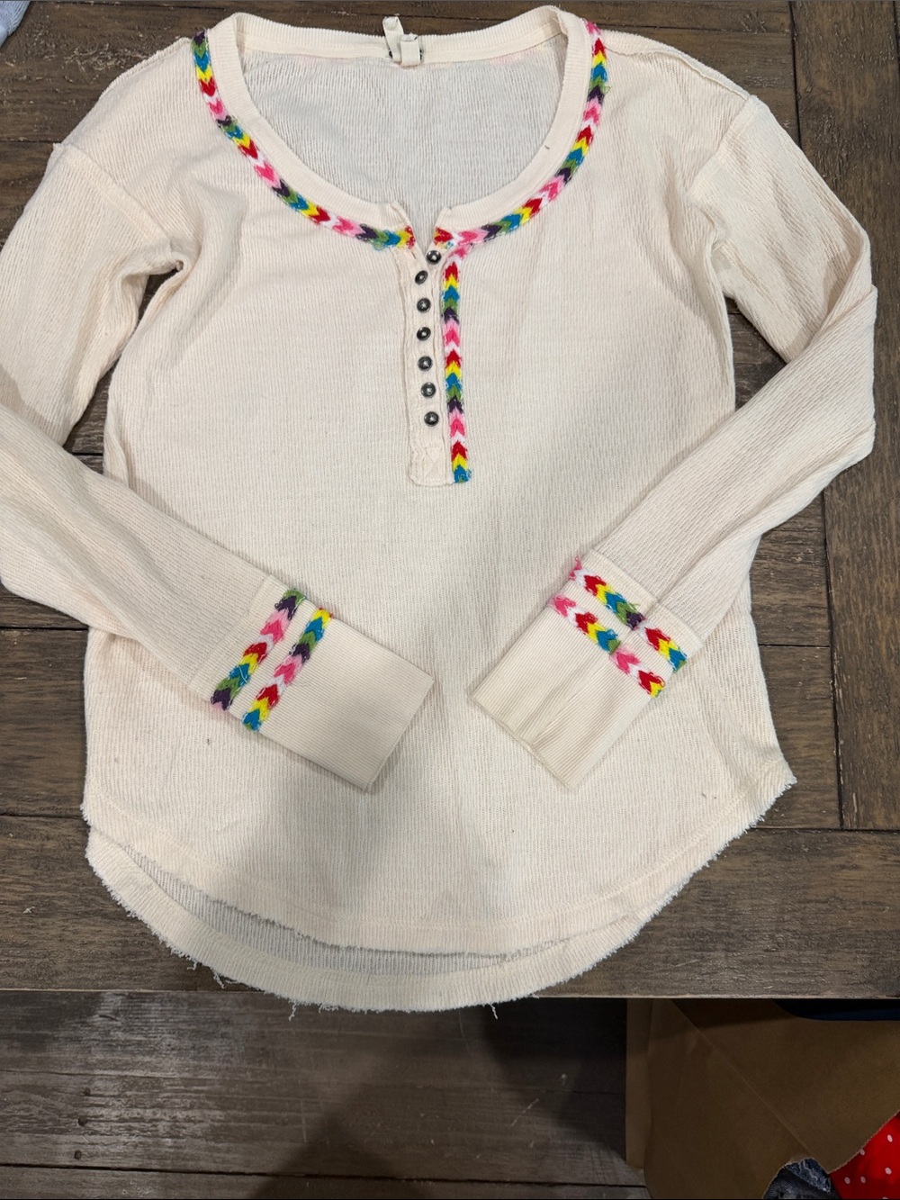 We the Free Cream Long-Sleeve Henley Top with Rainbow Trim